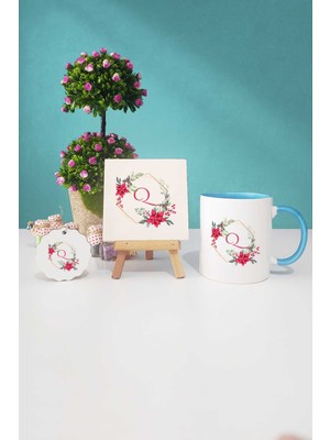 Hedizu Çiçekli Q Harfli Mavi Kupa Bardak Dekoratif Taş Anahtarlık