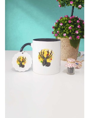 Hedizu Mutlu Yıllar Geyikli Yılbaşı Hediyesi Siyah Kupa Bardak Anahtarlık