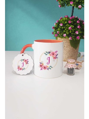 Hedizu Çiçekli I Harfli Turuncu Kupa Bardak Anahtarlık