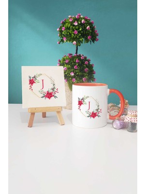 Hedizu Çiçekli J Harfli Turuncu Kupa Bardak Dekoratif Taş