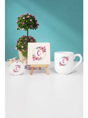 Hedizu Çiçekli Ç Harfli Oval Kupa Bardak Dekoratif Taş Anahtarlık