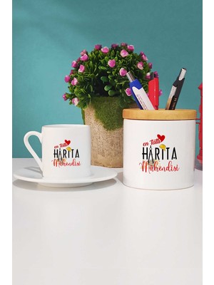 Hedizu En Tatlı Harita Mühendisi Türk Kahvesi Fincanı Beyaz ve Kalemlik