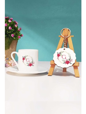 Hedizu Çiçekli G Harfli Türk Kahvesi Fincanı Beyaz ve Anahtarlık