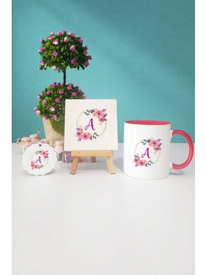 Hedizu Çiçekli A Harfli Kırmızı Kupa Bardak Dekoratif Taş Anahtarlık