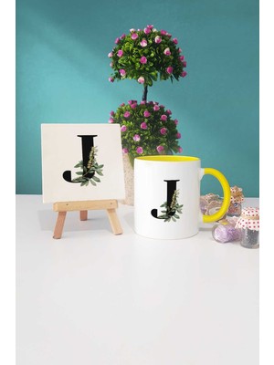 Hedizu Botanik J Harfli Sarı Kupa Bardak Dekoratif Taş