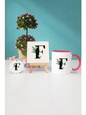 Hedizu Botanik F Harfli Kırmızı Kupa Bardak Dekoratif Taş Anahtarlık