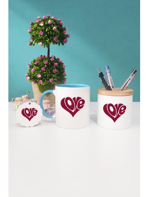 Hedizu Love Kalp Sevgiliye Hediye Mavi Kupa Bardak Kalemlik Anahtarlık