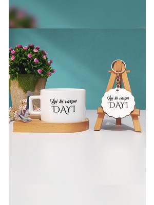 Hedizu Iyi Ki Varsın Dayı Dayıya Hediye Ahşap Altlıklı Fincan ve Anahtarlık
