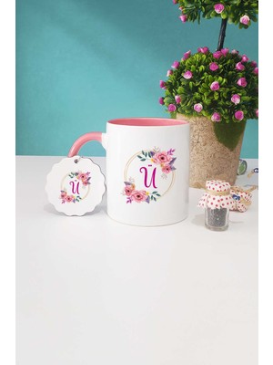 Hedizu Çiçekli Ü Harfli Pembe Kupa Bardak Anahtarlık