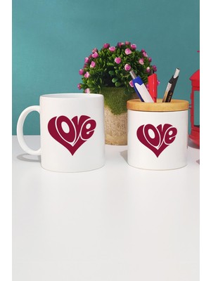 Hedizu Love Kalp Sevgiliye Hediye Kupa Bardak Beyaz ve Kalemlik