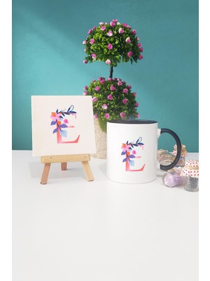 Hedizu Özel Tasarım E Harfli Siyah Kupa Bardak Dekoratif Taş