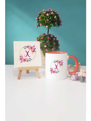 Hedizu Çiçekli x Harfli Turuncu Kupa Bardak Dekoratif Taş