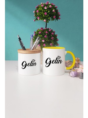 Hedizu Gelin Hediye Sarı Kupa Bardak Kalemlik