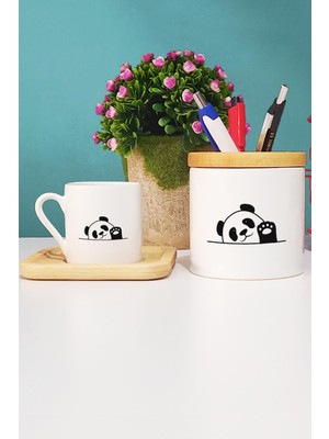 Hedizu Merhaba Panda Türk Kahvesi Fincanı Ahşap Altlıklı ve Kalemlik