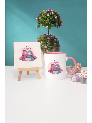 Hedizu Sevgililer Günü Hediyesi Penguenler Pembe Kupa Bardak Dekoratif Taş