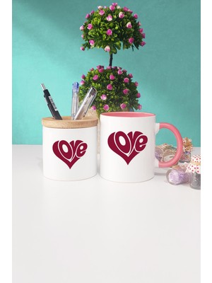 Hedizu Love Kalp Sevgiliye Hediye Pembe Kupa Bardak Kalemlik