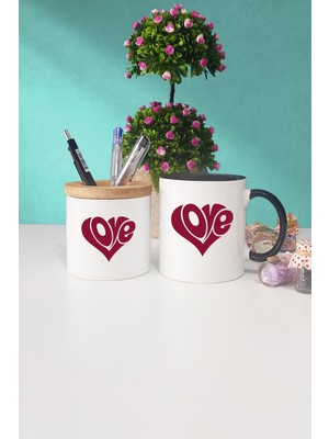 Hedizu Love Kalp Sevgiliye Hediye Siyah Kupa Bardak Kalemlik