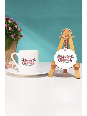 Hedizu Merry Christmas Yılbaşı Hediyesi Türk Kahvesi Fincanı Beyaz ve Anahtarlık