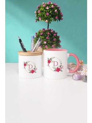 Hedizu Çiçekli D Harfli Pembe Kupa Bardak Kalemlik