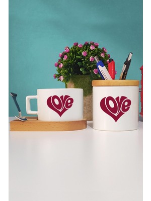 Hedizu Love Kalp Sevgiliye Hediye Ahşap Altlıklı Fincan ve Kalemlik