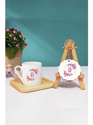 Hedizu Çiçekli D Harfli Türk Kahvesi Fincanı Ahşap Altlıklı ve Anahtarlık