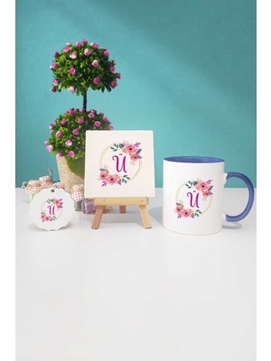 Hedizu Çiçekli Ü Harfli Lacivert Kupa Bardak Dekoratif Taş Anahtarlık