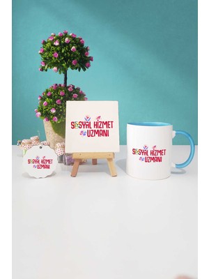 Hedizu Sosyal Hizmet Uzmanı Hediye Mavi Kupa Bardak Dekoratif Taş Anahtarlık