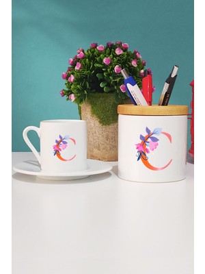 Hedizu Özel Tasarım C Harfli Türk Kahvesi Fincanı Beyaz ve Kalemlik