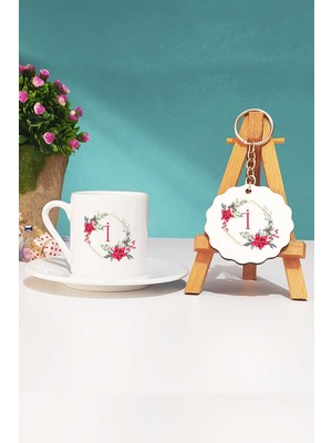 Hedizu Çiçekli I Harfli Türk Kahvesi Fincanı Beyaz ve Anahtarlık