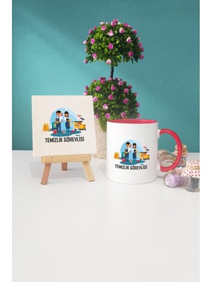 Hedizu Temizlik Görevlisi Kırmızı Kupa Bardak Dekoratif Taş