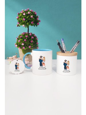 Hedizu Sevgiliye Hediye Mavi Kupa Bardak Kalemlik Anahtarlık