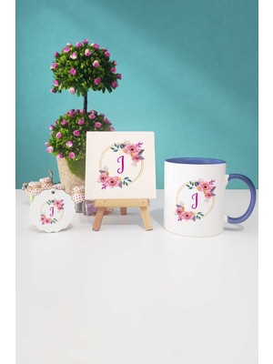 Hedizu Çiçekli I Harfli Lacivert Kupa Bardak Dekoratif Taş Anahtarlık