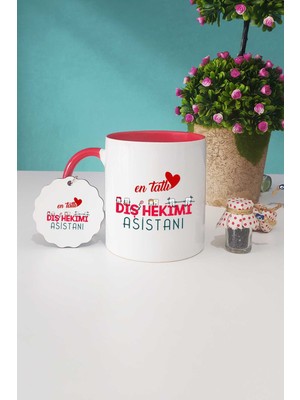 Hedizu En Tatlı Diş Hekimi Asistanı Kırmızı Kupa Bardak Anahtarlık