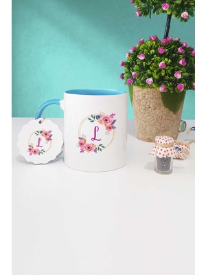 Hedizu Çiçekli L Harfli Mavi Kupa Bardak Anahtarlık