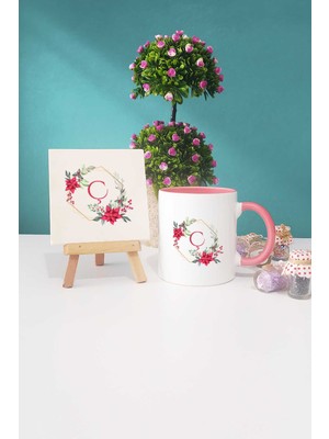 Hedizu Çiçekli Ç Harfli Pembe Kupa Bardak Dekoratif Taş