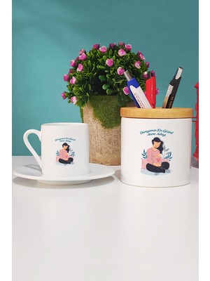 Hedizu Hamile Anne Adayı Türk Kahvesi Fincanı Beyaz ve Kalemlik