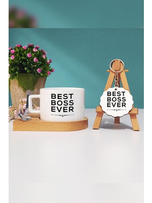 Hedizu Patrona Hediye Best Boss Ever Ahşap Altlıklı Fincan ve Anahtarlık