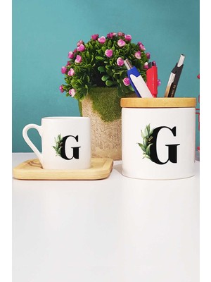 Hedizu Botanik G Harfli Türk Kahvesi Fincanı Ahşap Altlıklı ve Kalemlik