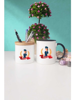 Hedizu Kadın Polise Hediye Siyah Kupa Bardak Kalemlik