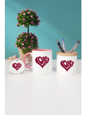 Hedizu Love Kalp Sevgiliye Hediye Pembe Kupa Bardak Kalemlik Anahtarlık