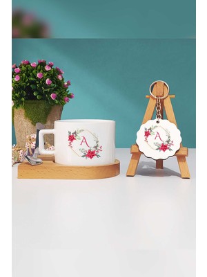 Hedizu Çiçekli A Harfli Ahşap Altlıklı Fincan ve Anahtarlık