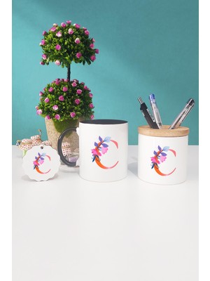 Hedizu Özel Tasarım C Harfli Siyah Kupa Bardak Kalemlik Anahtarlık