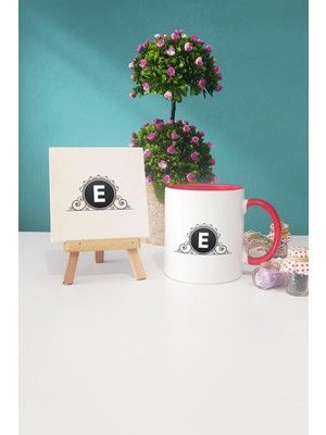 Hedizu E Harfli Kırmızı Kupa Bardak Dekoratif Taş