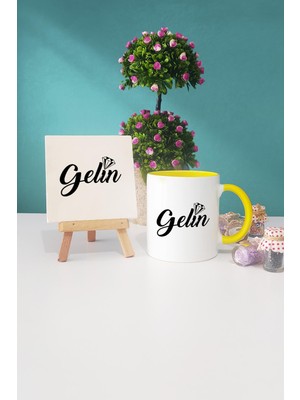 Hedizu Gelin Hediye Sarı Kupa Bardak Dekoratif Taş