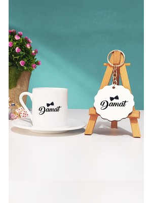 Hedizu Damat Hediye Türk Kahvesi Fincanı Beyaz ve Anahtarlık