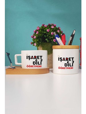 Hedizu Işaret Dili Öğretmeni Hediye Ahşap Altlıklı Fincan ve Kalemlik