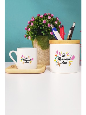 Hedizu En Mükemmel Anne Türk Kahvesi Fincanı Ahşap Altlıklı ve Kalemlik