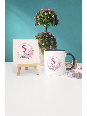 Hedizu Çiçekli Ş Harfli Siyah Kupa Bardak Dekoratif Taş