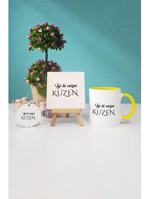Hedizu Iyi Ki Varsın Kuzen Kuzene Hediye Sarı Kupa Bardak Dekoratif Taş Anahtarlık
