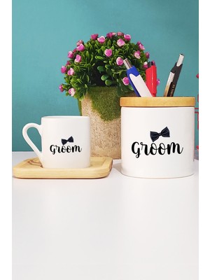 Hedizu Groom Damat Hediye Türk Kahvesi Fincanı Ahşap Altlıklı ve Kalemlik